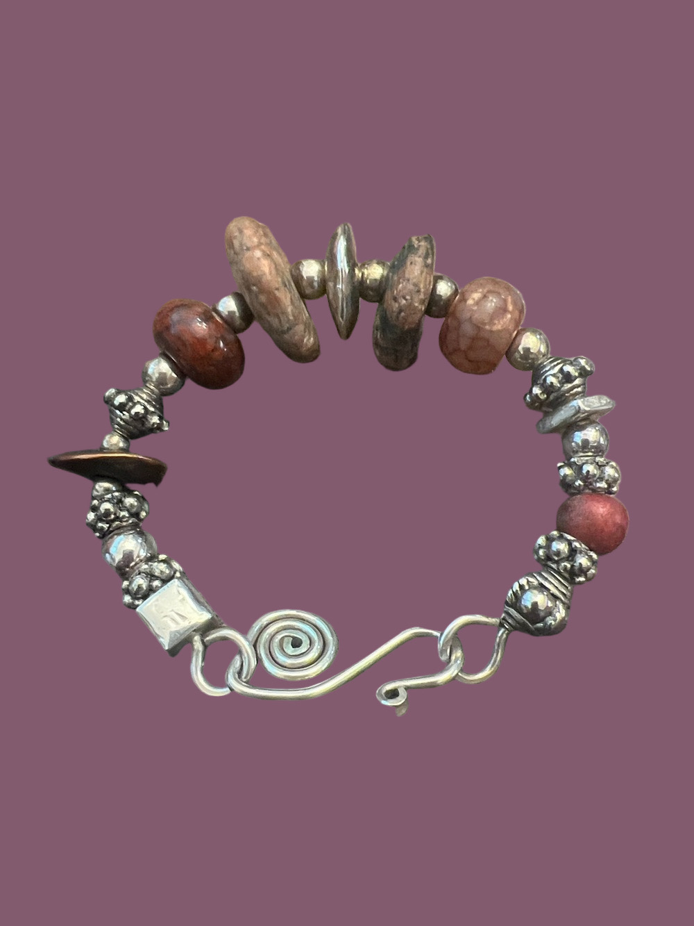 Handcrafted Silver & Brown Bead Bracelet